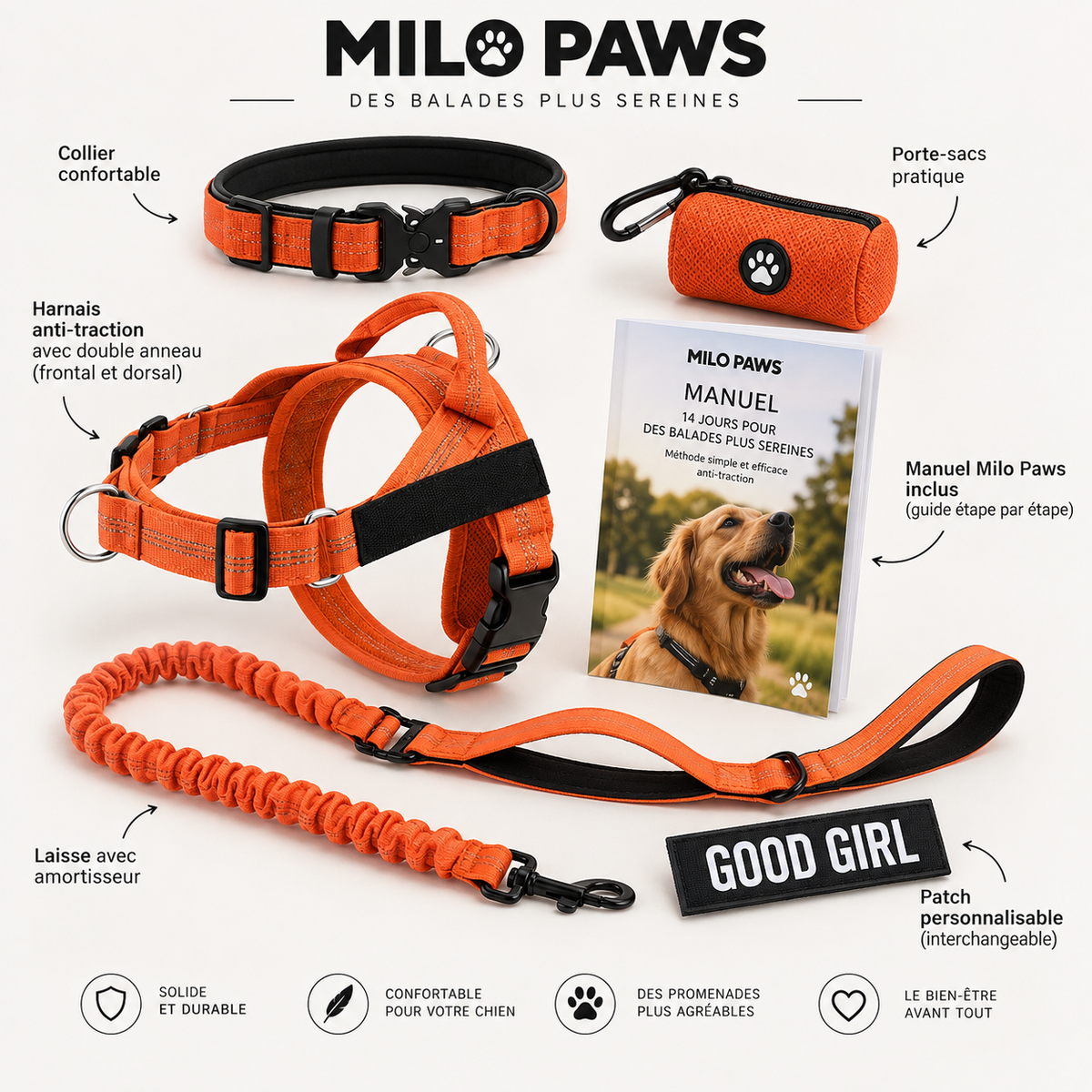 Pack Promenade Anti-Traction Milo Paws - Attache 1 Clic, Double Anneau Frontal & Dorsal