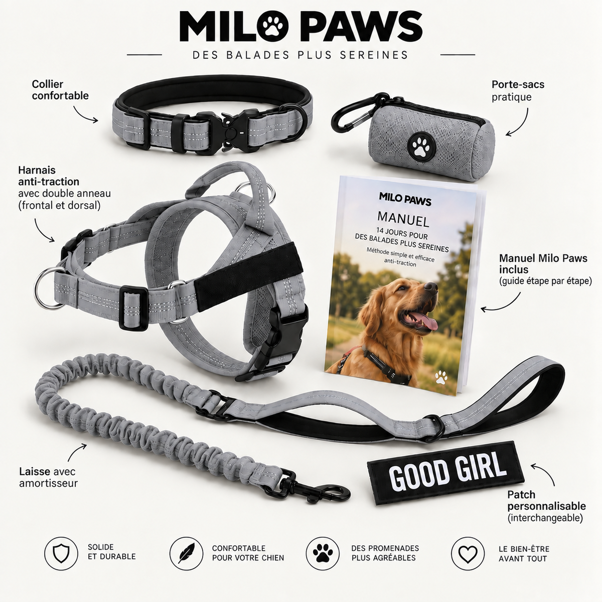 Pack Promenade Anti-Traction Milo Paws - Attache 1 Clic, Double Anneau Frontal & Dorsal