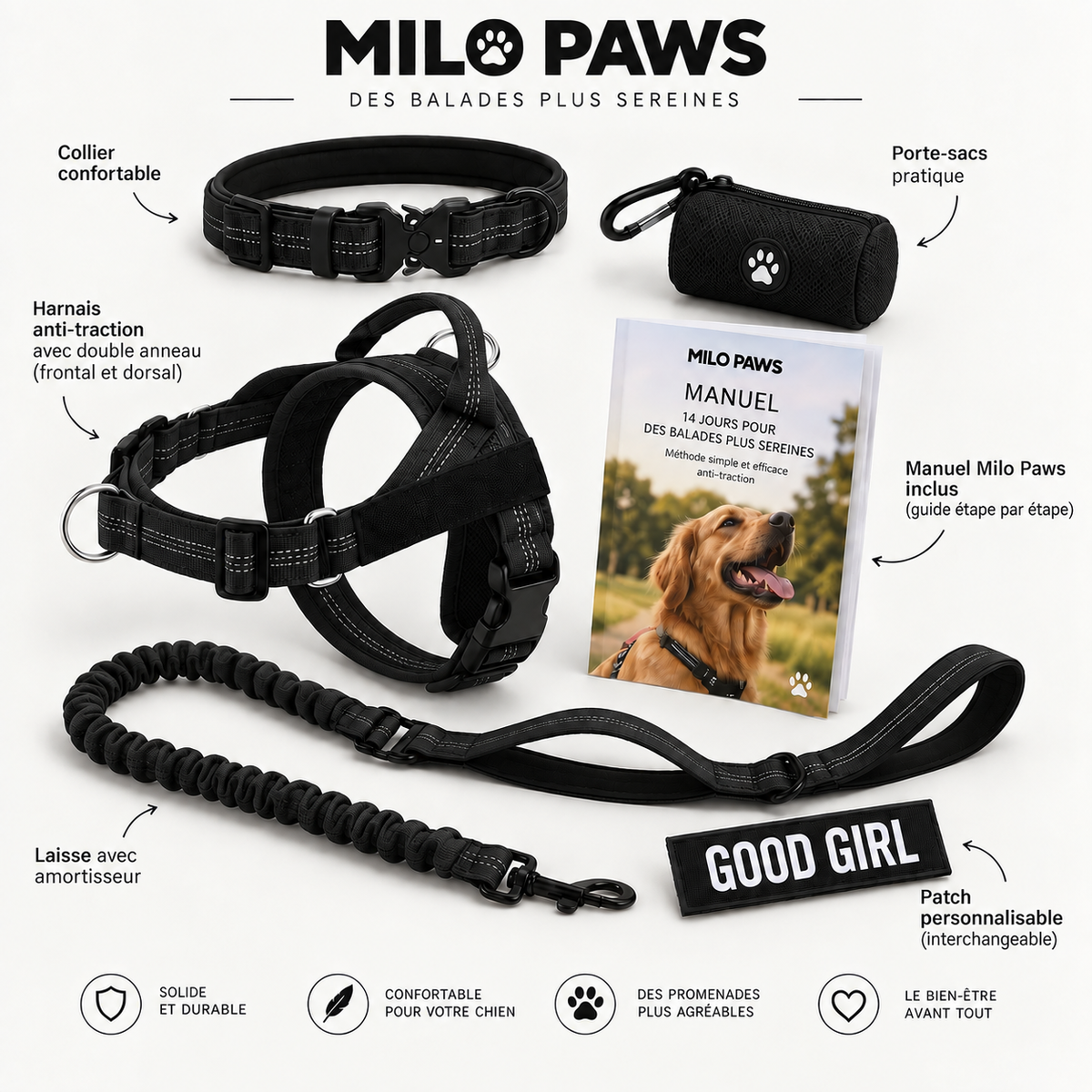 Pack Promenade Anti-Traction Milo Paws - Attache 1 Clic, Double Anneau Frontal & Dorsal