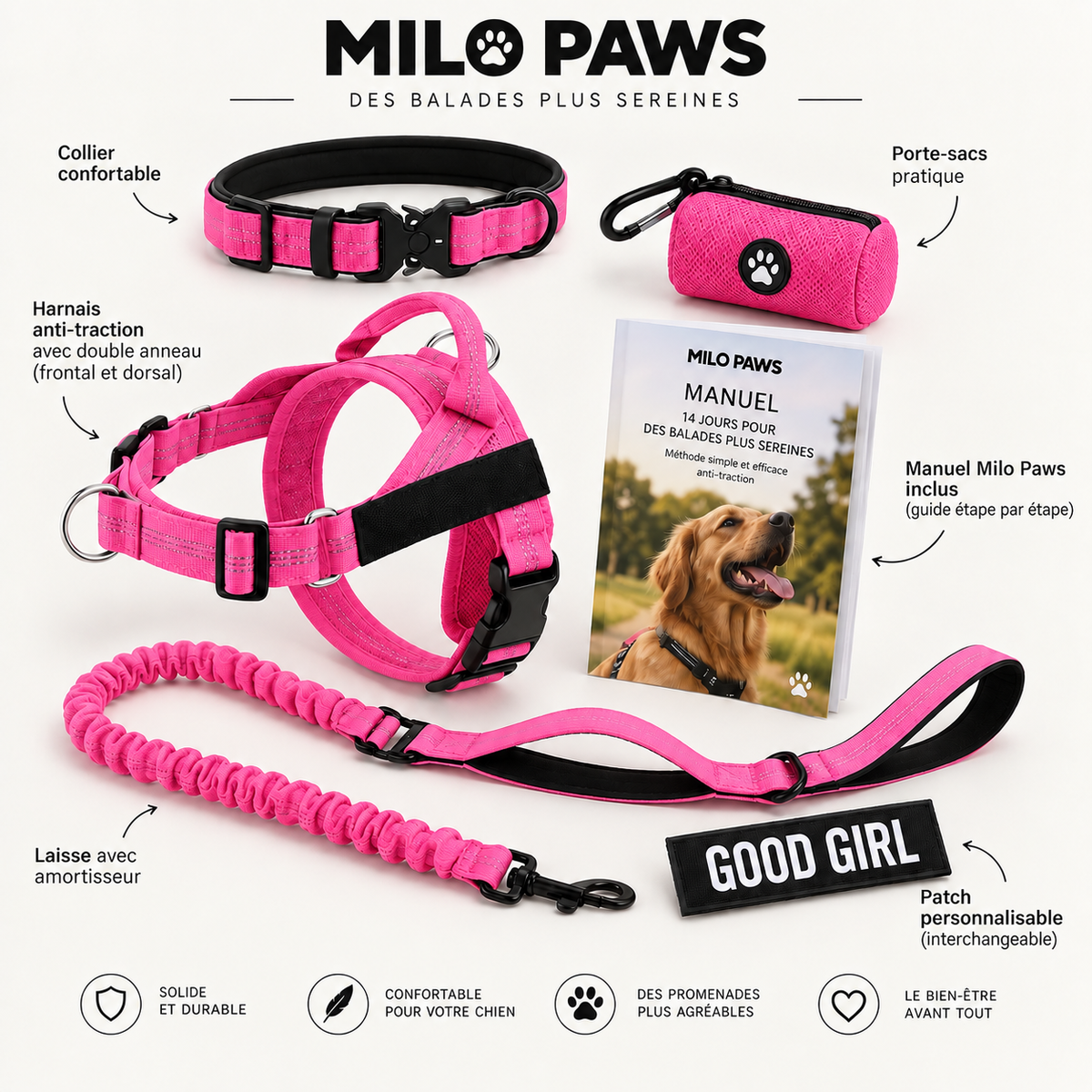 Pack Promenade Anti-Traction Milo Paws - Attache 1 Clic, Double Anneau Frontal & Dorsal