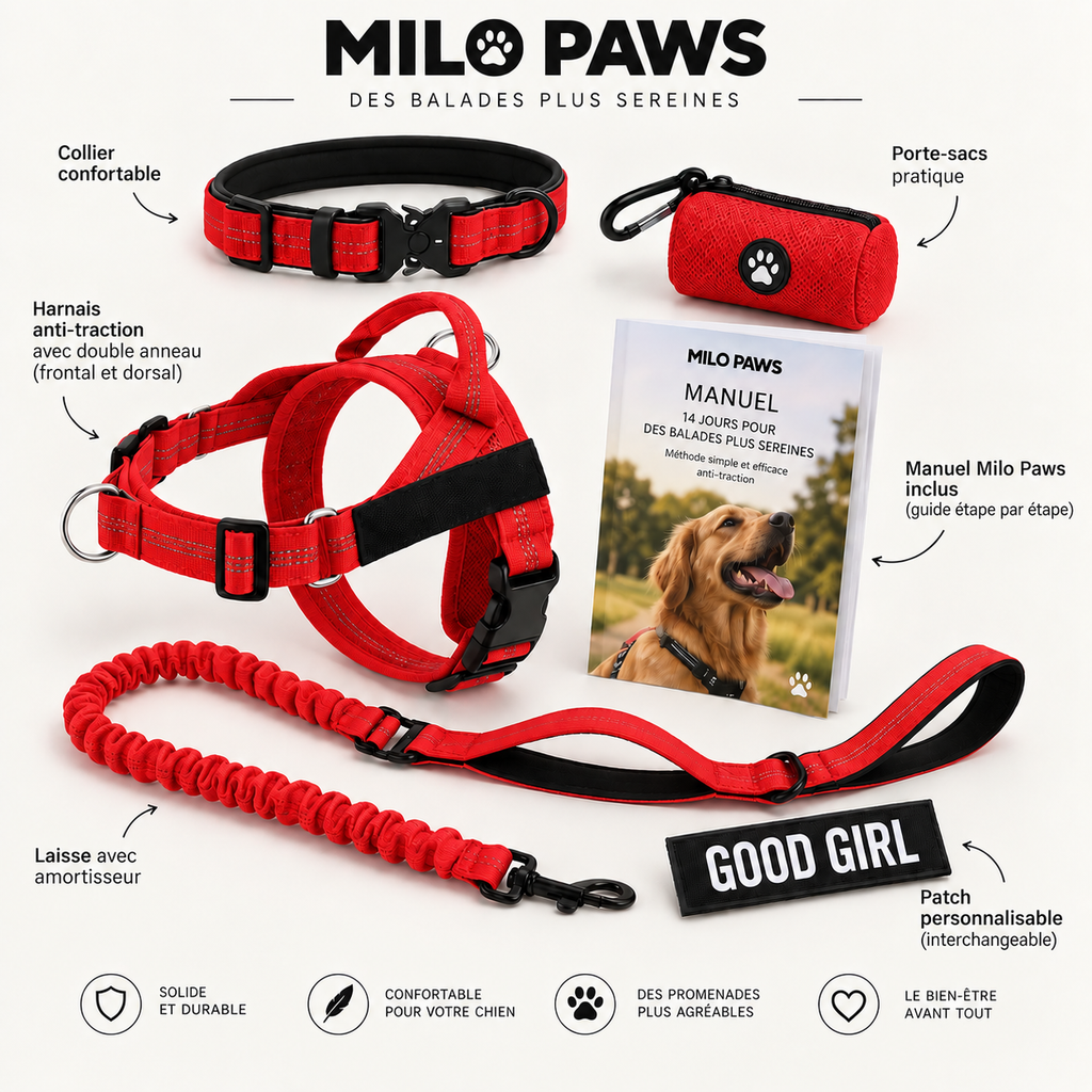 Pack Promenade Anti-Traction Milo Paws - Attache 1 Clic, Double Anneau Frontal & Dorsal