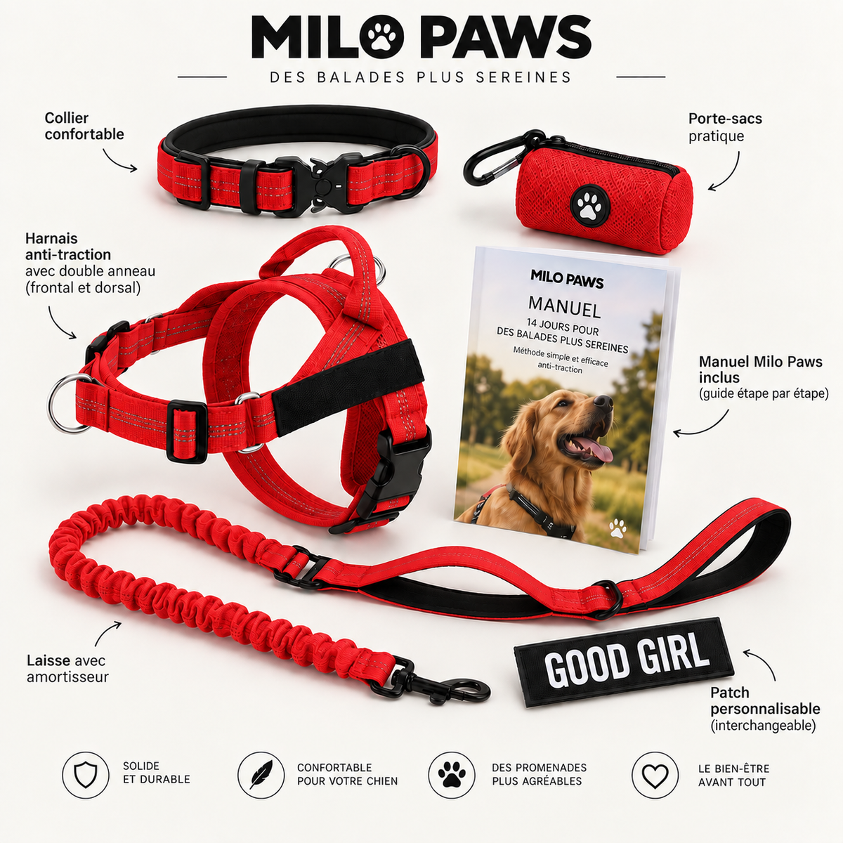 Pack Promenade Anti-Traction Milo Paws - Attache 1 Clic, Double Anneau Frontal & Dorsal