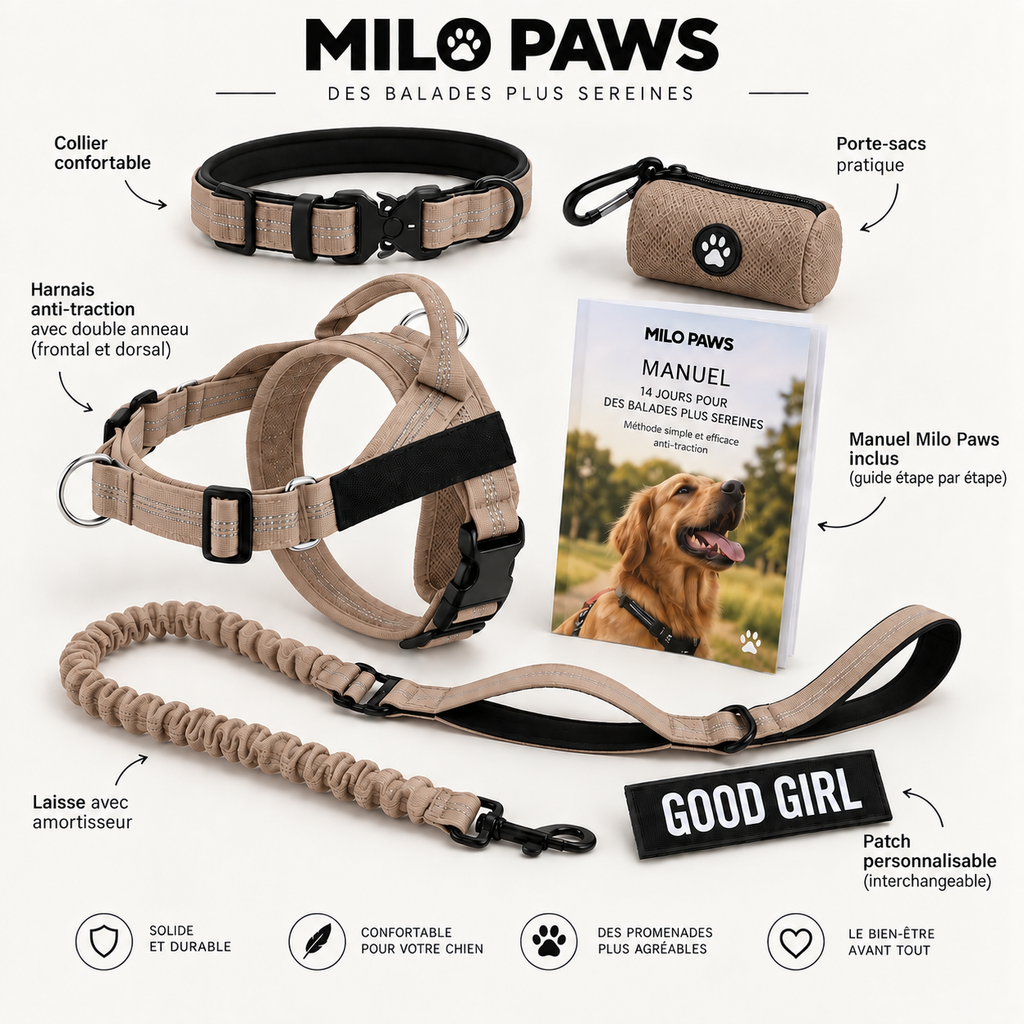 Pack Promenade Anti-Traction Milo Paws - Attache 1 Clic, Double Anneau Frontal & Dorsal